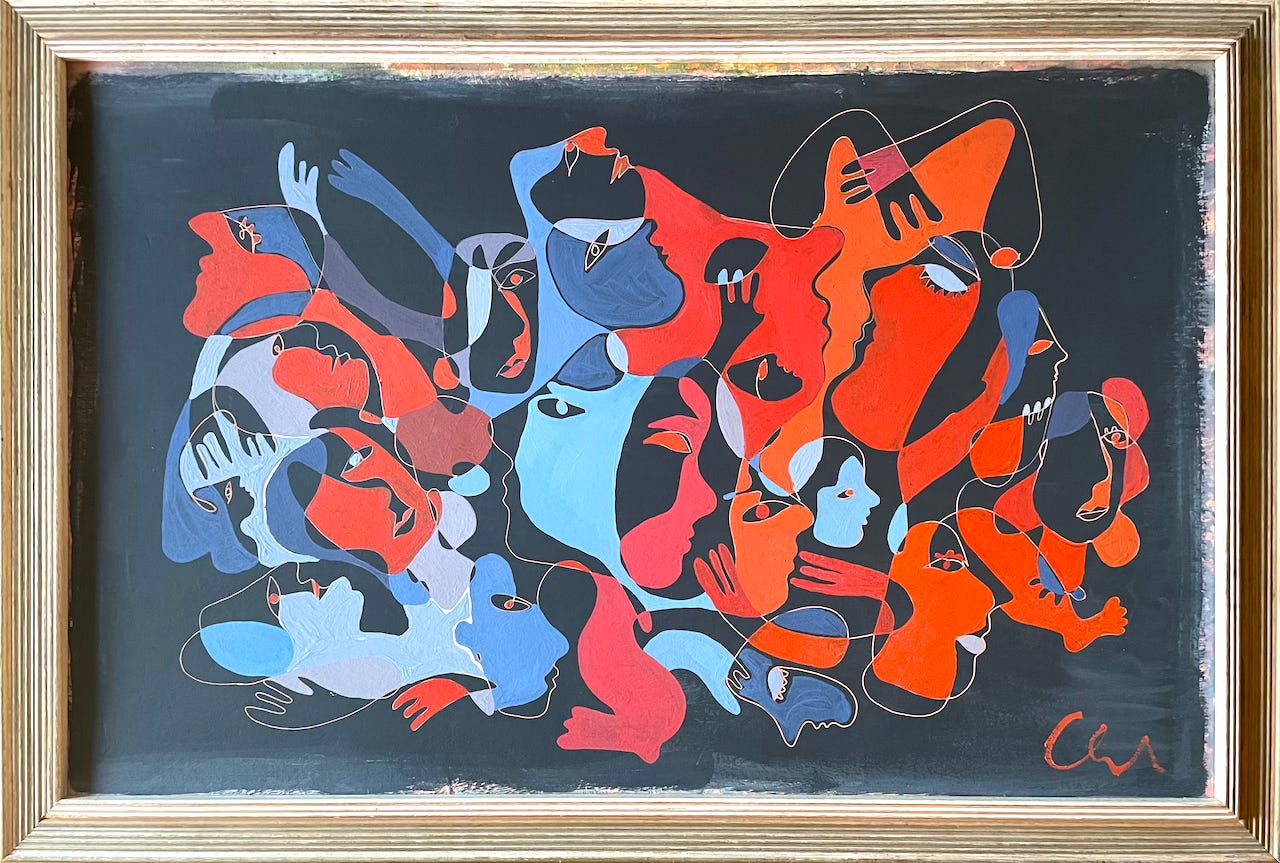 A cacophony of faces, hands, and feet in gold frame on a background of midnight blue. The faces, hands, and feet are formed by a single line in the style of Joan Miró: one face melds into the next, or overlaps with a foot or hand. The forms are painted in are varying shades of red, from crimson to brick, and blue, from periwinkle to powder to denim. It is an organic, amoebic sea of humans.