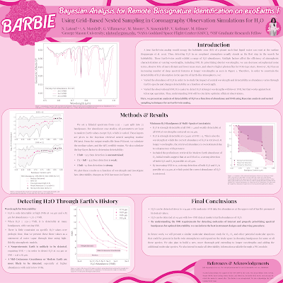 Pink poster title "Bayesian Analysis for Remote Biosignature Identification on exoEarths" (BARBIE)
