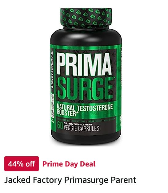Ad for a testosterone booster called "jacked factory primasurge parent"