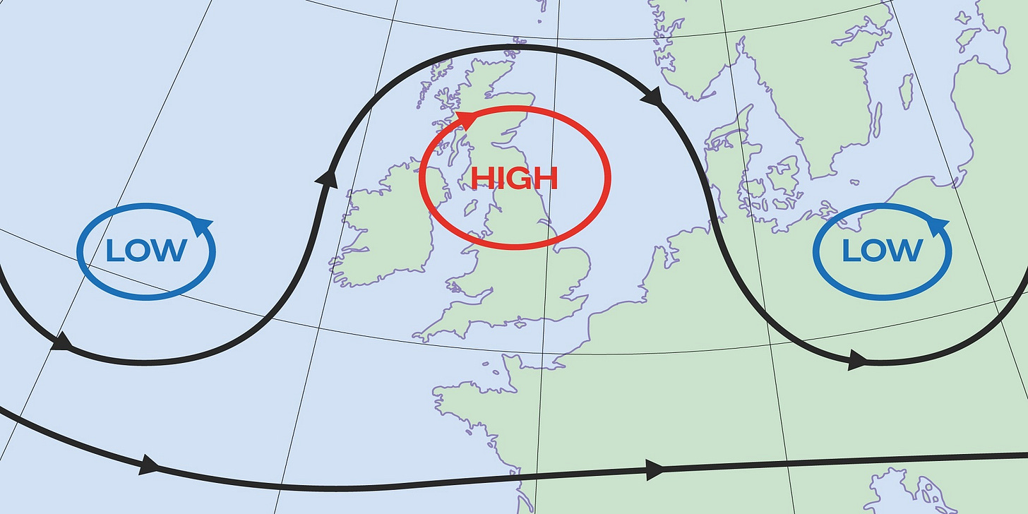 Image showing an Omega Block, where an area of high pressure is sandwiched in between two lows to the east and west, and partially to the south. Image showing an Omega Block, where an area of high pressure is sandwiched in between two lows to the east and west, and partially to the south.