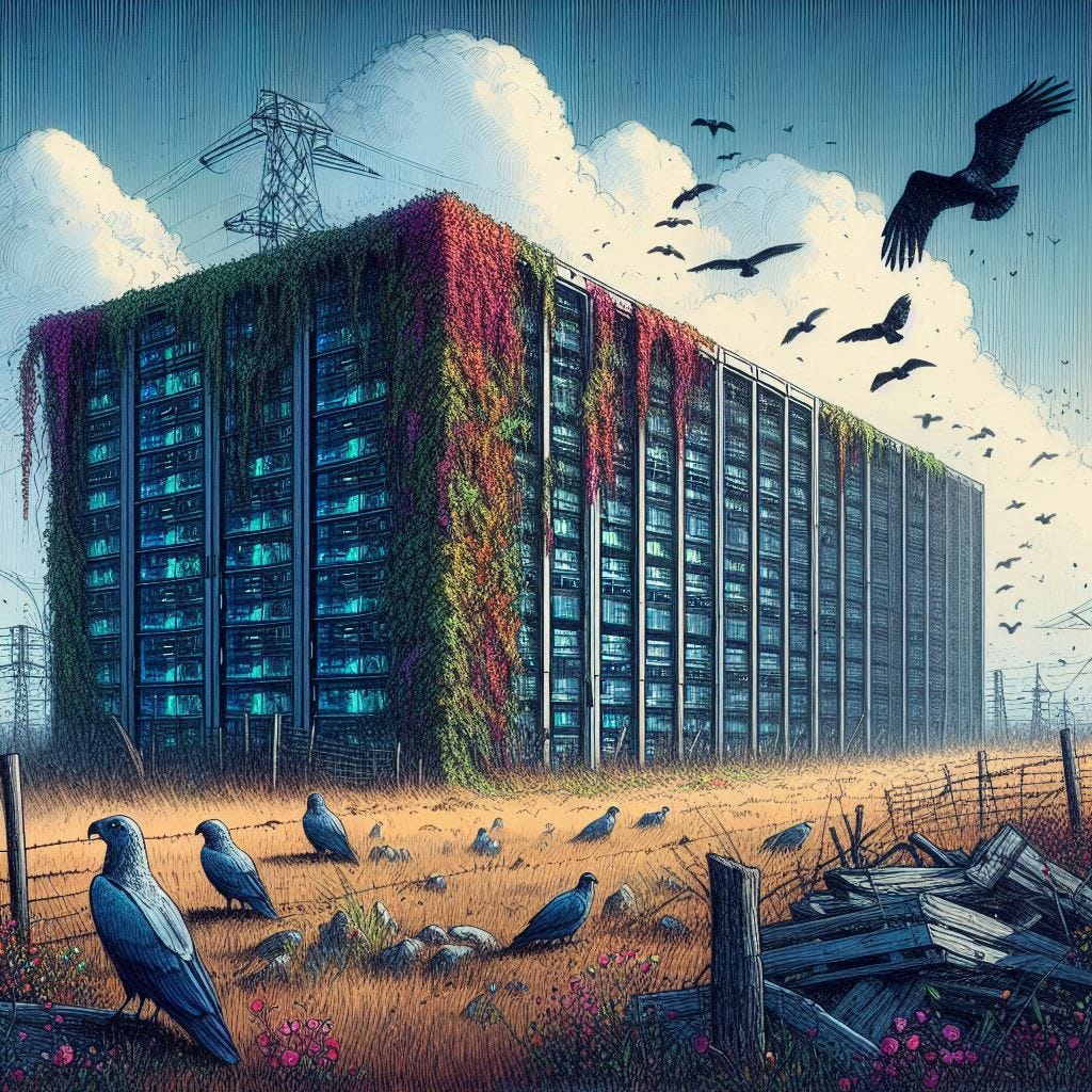abandoned AI data center in an empty field, falling apart, ivy, colors, vultures, dystopian drawing
