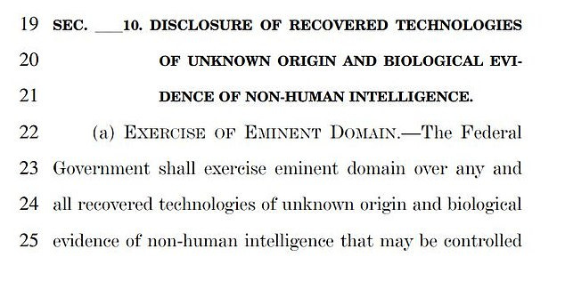 In July Senate Majority Leader Chuck Schumer co-sponsored a bill to allow disclosure of ¿recovered technologies of unknown origin and biological evidence of non-human intelligence¿