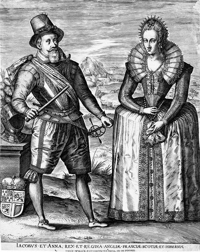 King James I of England and VI of Scotland, and his consort Anne of Denmark, in a landscape. Engraving by J. Wierix, 161-.