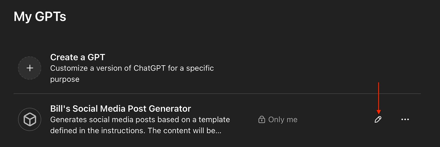 Screenshot showing the "My GPTs" menu with an arrow pointing to the edit icon for a specific GPT.