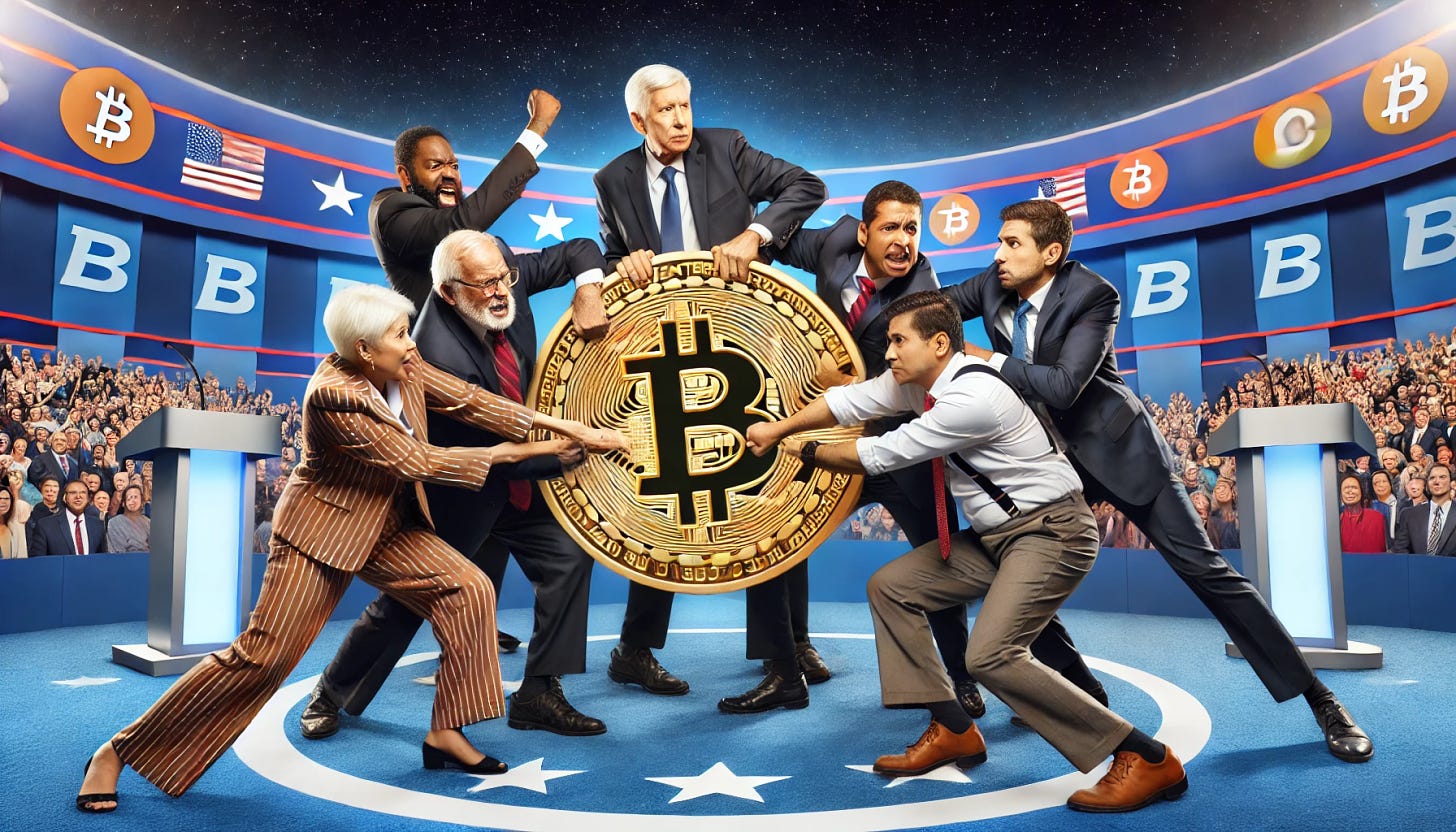 A diverse group of politicians, including older men and Indian and Black women, wearing suits and ties, fighting over a large Bitcoin. They are pulling and pushing each other, each trying to get hold of the Bitcoin. The background shows a political debate stage with a large crowd watching them. The atmosphere is intense and dynamic, with expressions of determination and conflict on their faces.