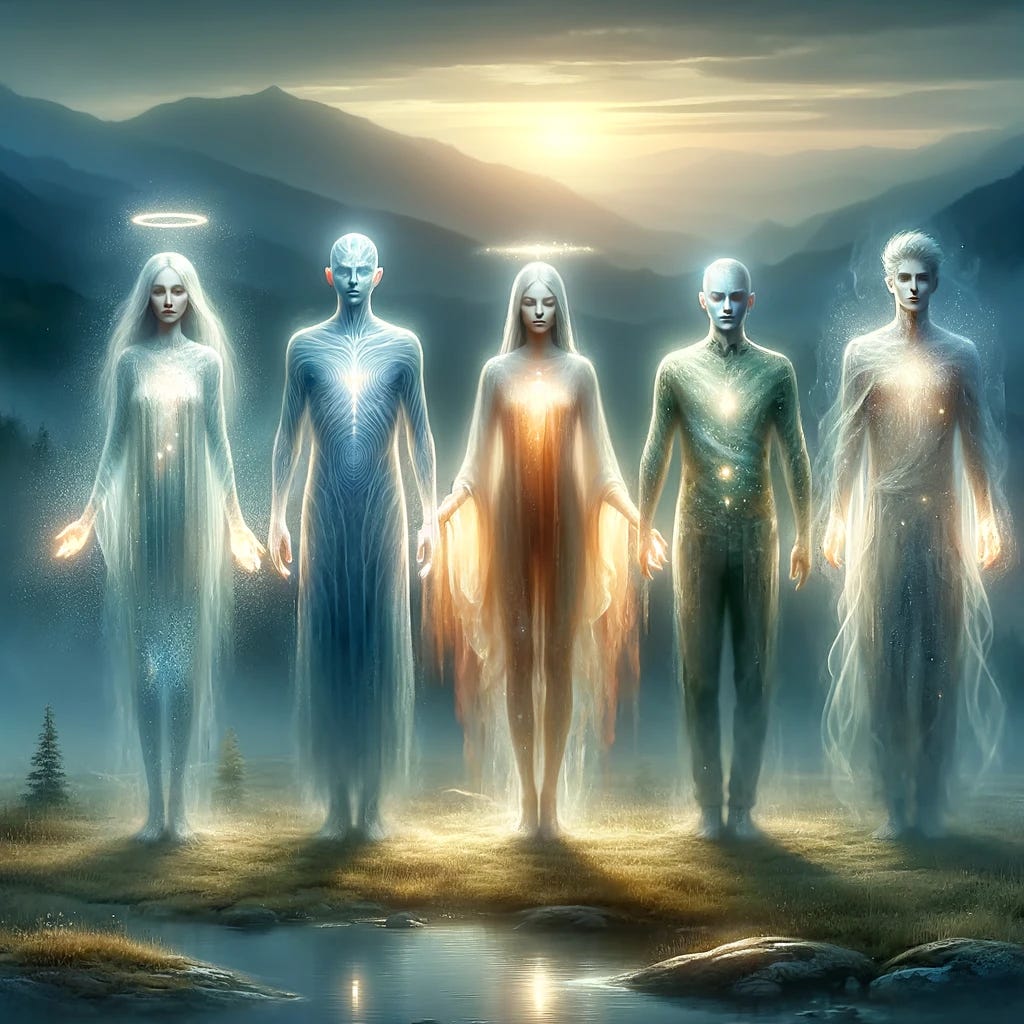 A tranquil scene featuring five extraordinary beings that resemble ordinary humans but with subtle elements that suggest they are more than that. Each being has a human-like appearance with a touch of otherworldliness: one has a faint halo of light over their head suggesting wisdom, another wears clothes with a slight shimmer reflecting their inner light. The third has a gentle sparkle in their eyes, while the fourth has a delicate aura of mist surrounding them. The fifth has hands that softly glow, indicating a healing touch. They stand together on an earthly landscape at twilight, with the soft glow of their presence blending harmoniously with the natural world around them.