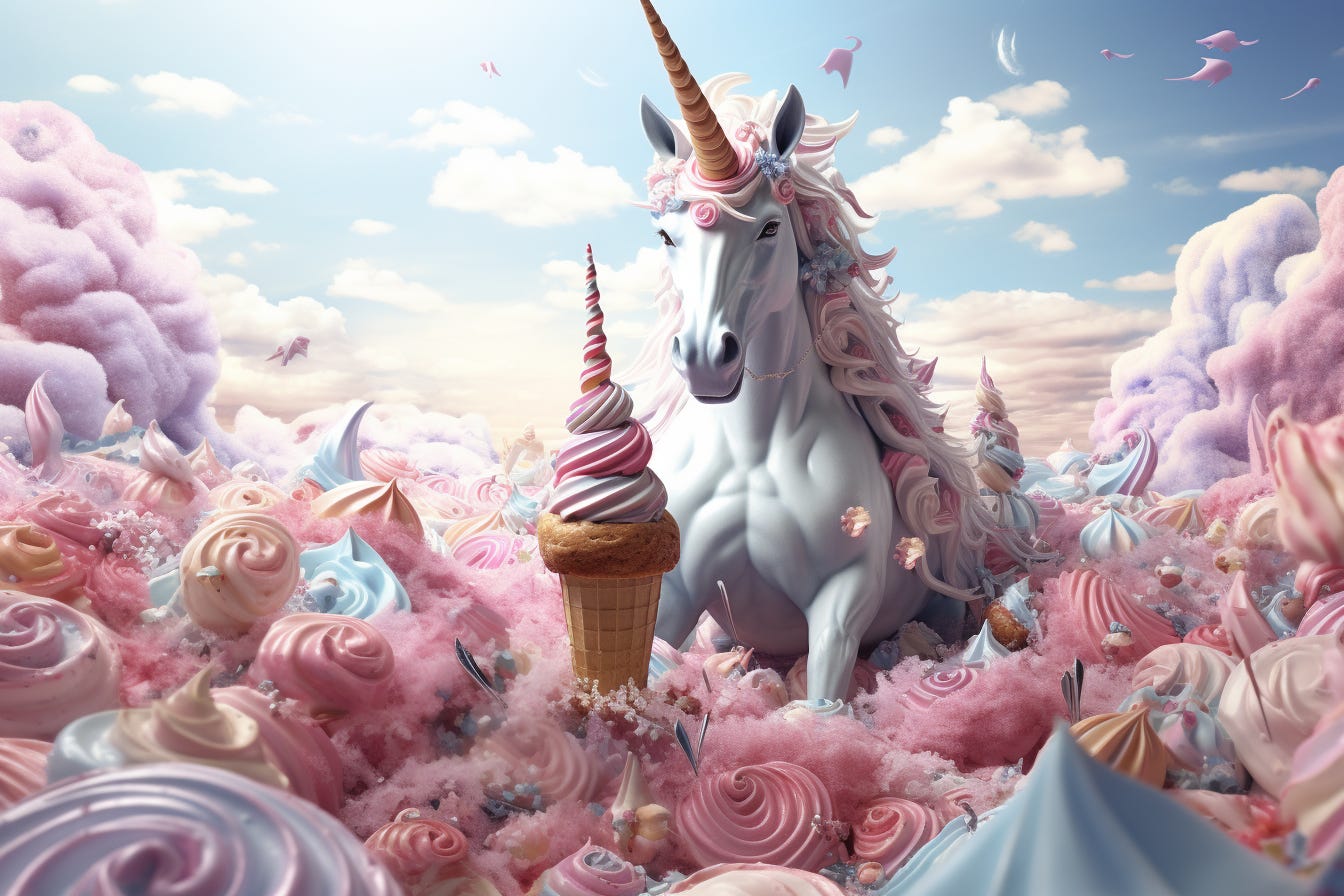Midjourney result for "Unicorn surrounded by ice cream"