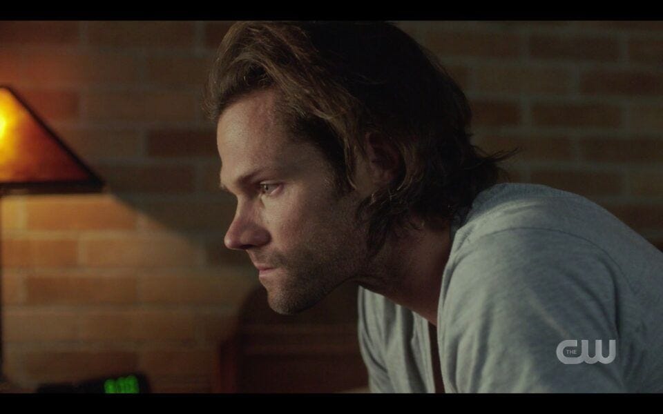 SPN Sam Winchester sitting sad over Deans death finale