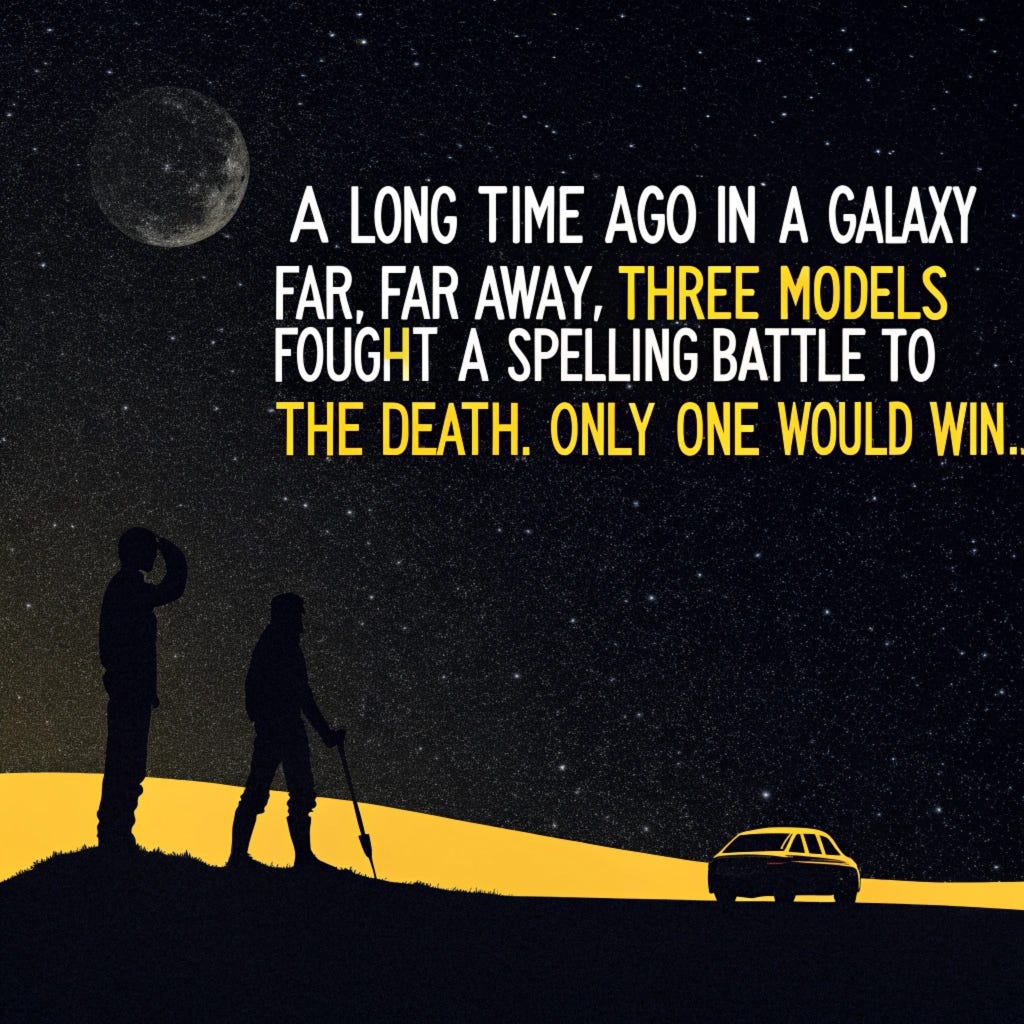 Yellow scrolling text against a black background: "A long time ago in a galaxy far, far away, three models fought a spelling battle to the death. Only one would win." by Recraft