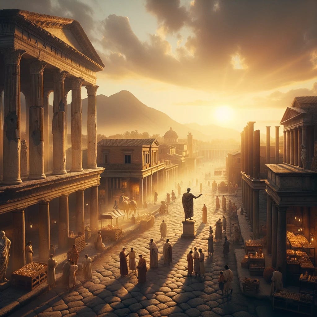 Authentic representation of Pompeii's forum at dawn, with the slanting rays of the August sun painting the scene in a warm golden hue. The grand temple, merchants, and locals are all touched by this light, creating a lively atmosphere. Among them, Gaius, with his commanding presence, stands further in the backdrop, but the morning sun accentuates him, guiding the viewer's focus. The image feels like a candid moment, capturing the unique ambiance of an early morning in Pompeii.