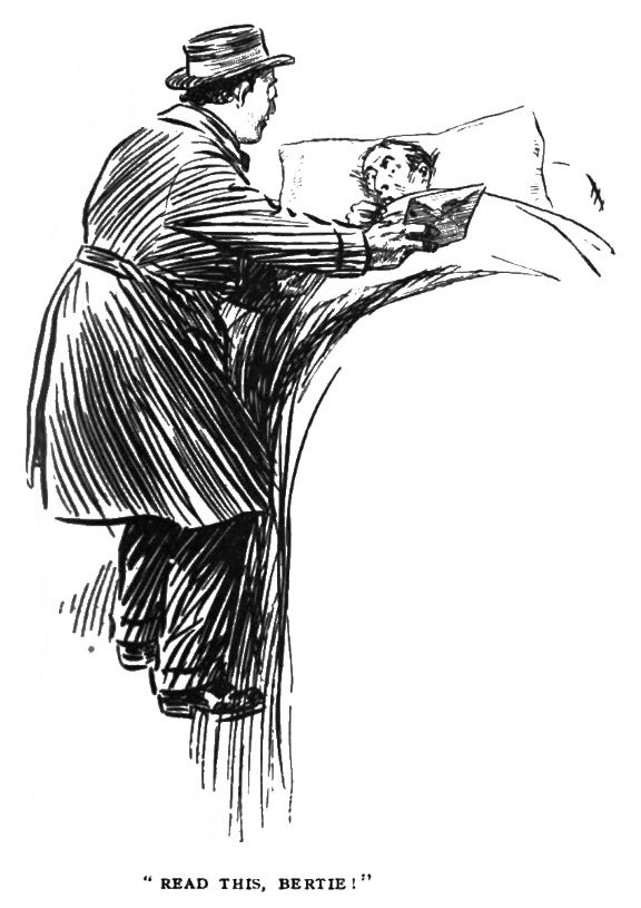 Rocky, in a long overcoat and a hat, brandishing an envelope in front of a distressed Bertie, who is in bed with the duvet drawn up to his chin. The caption reads, ""Read this, Bertie!""