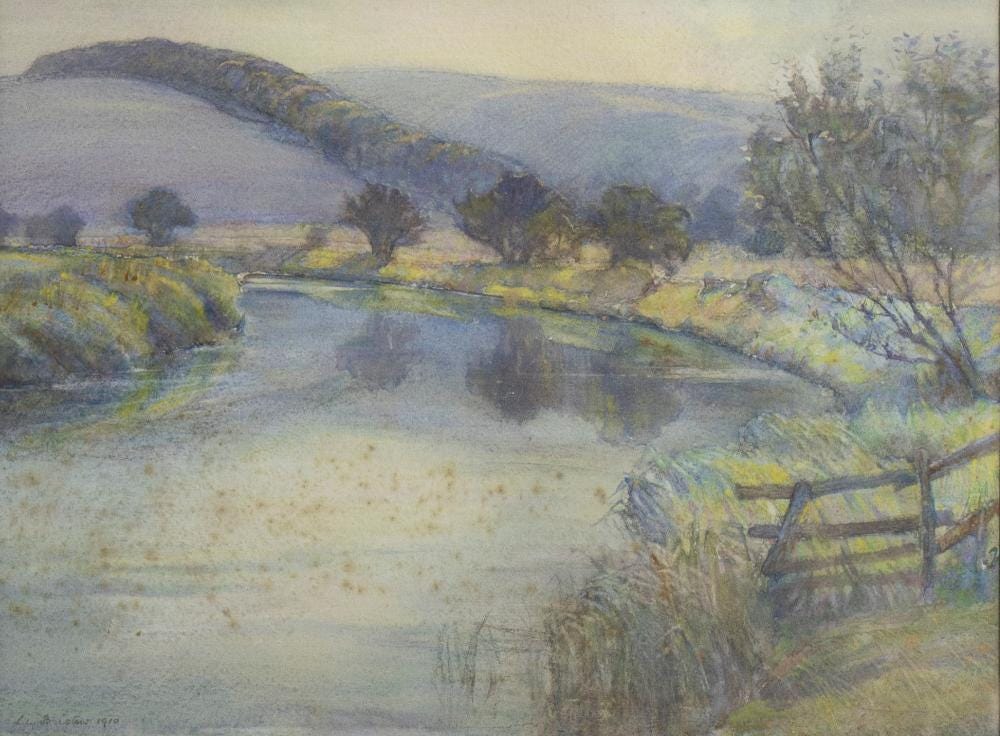 River landscape, watercolour 1910 by Lily Bristow