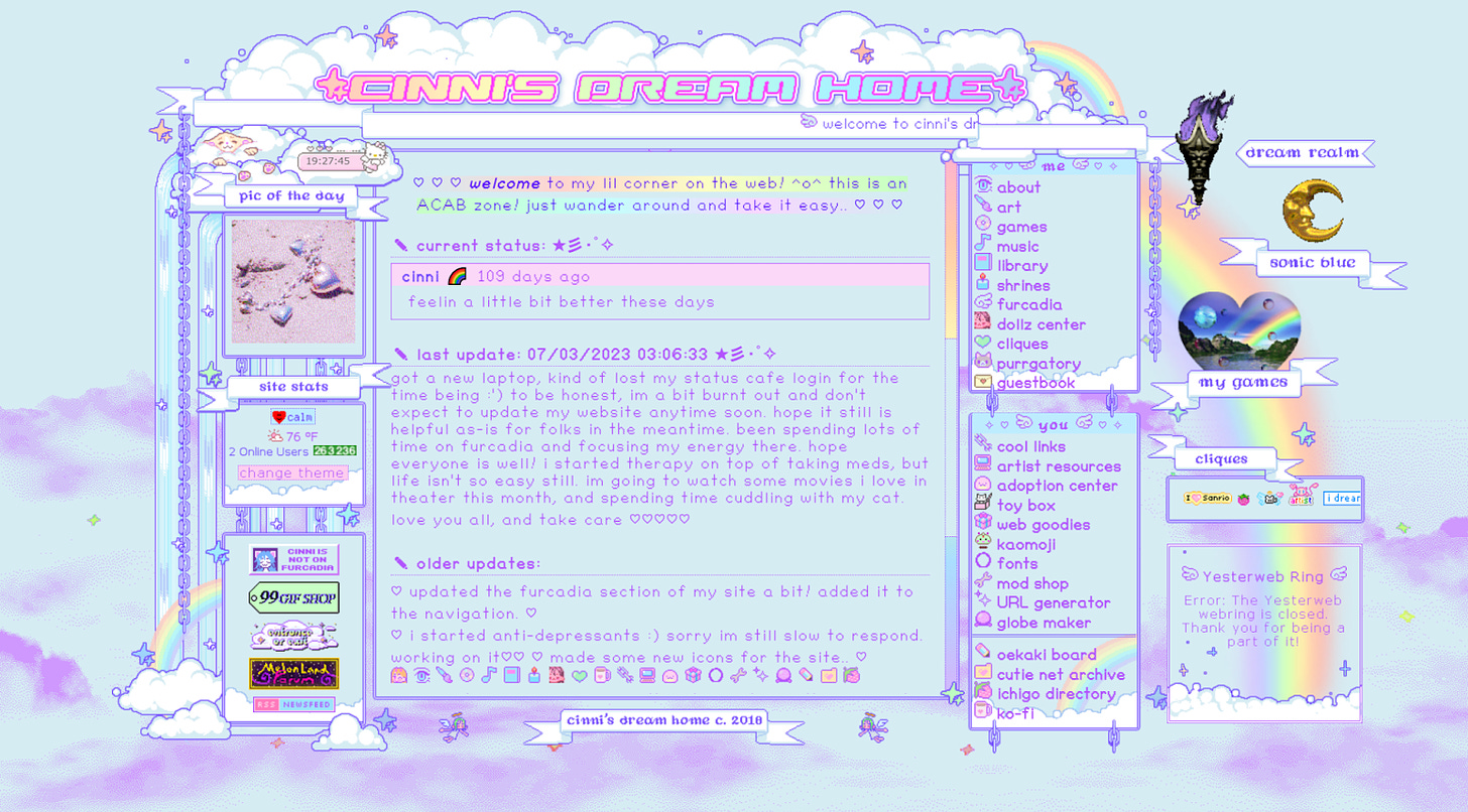 a screenshot of cinni’s dream home, a Neocities site with a pixelated and pastel aesthetic