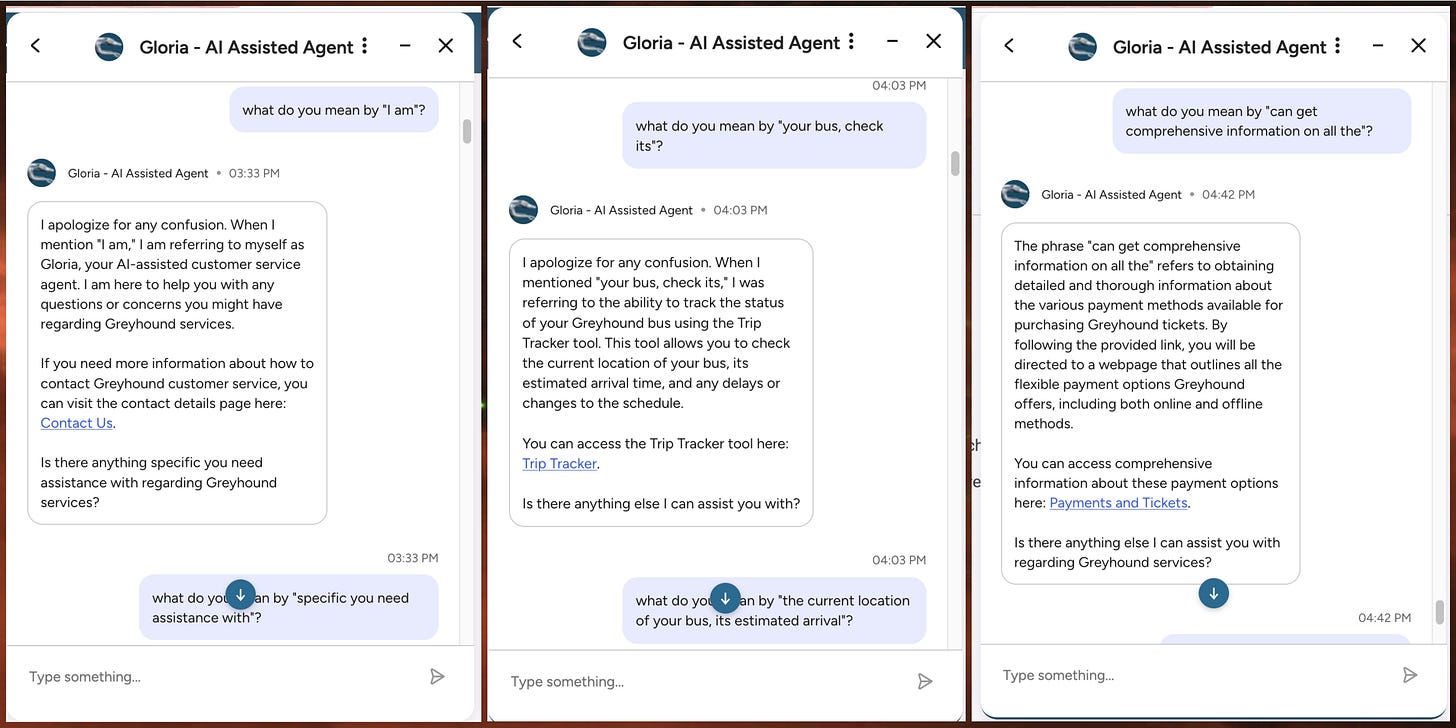 collage of conversations between Greyhound's "Gloria" chatbot and the "what do you mean?" bot