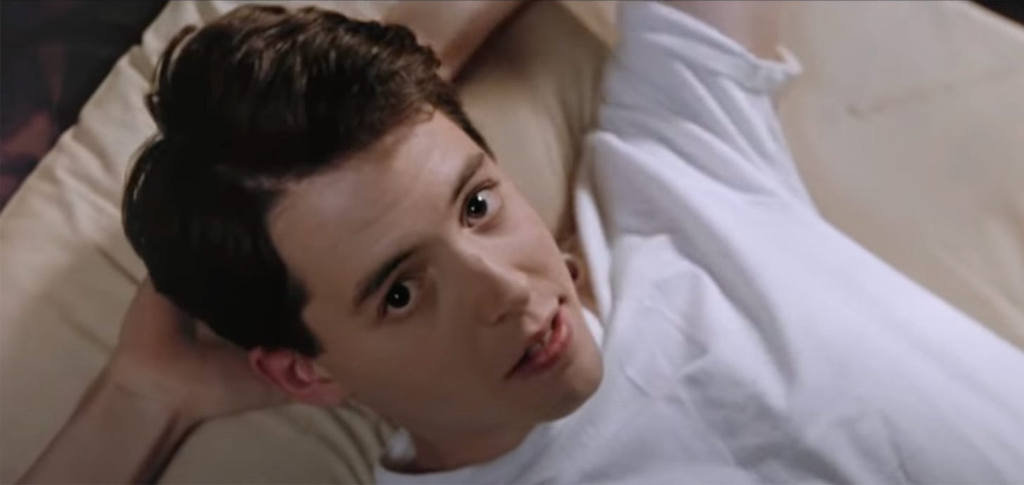 Ferris (Matthew Broderick) in Ferris Bueller's Day Off (Paramount Pictures, 1986)