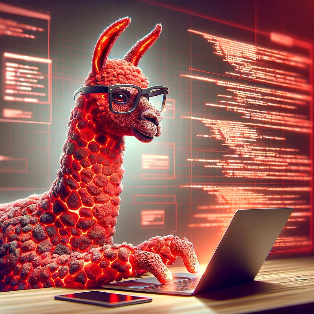 A creative interpretation of a llama with red volcanic skin, symbolizing a powerful AI model. The llama is wearing glasses, emphasizing its intelligence, and is intently typing on a laptop, suggesting it's coding artificial intelligence software. The scene has a modern, technological ambiance, with digital elements subtly incorporated in the background to highlight the coding theme. The llama's posture should reflect concentration and expertise.