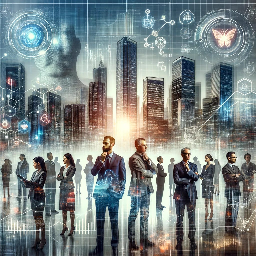 An abstract representation of the integration of artificial intelligence in finance, depicting a futuristic city skyline with modern skyscrapers. In the foreground, a group of diverse C-Level executives, both men and women, are standing, looking thoughtfully at a holographic display of financial graphs and AI-related symbols, like neural networks and algorithms. The atmosphere conveys a sense of strategic planning and innovation, with a blend of traditional financial elements like charts and graphs and futuristic AI elements like holograms and digital interfaces. The image should symbolize the blend of human leadership and AI in the financial sector, reflecting a balance between technology and ethical, strategic decision-making.