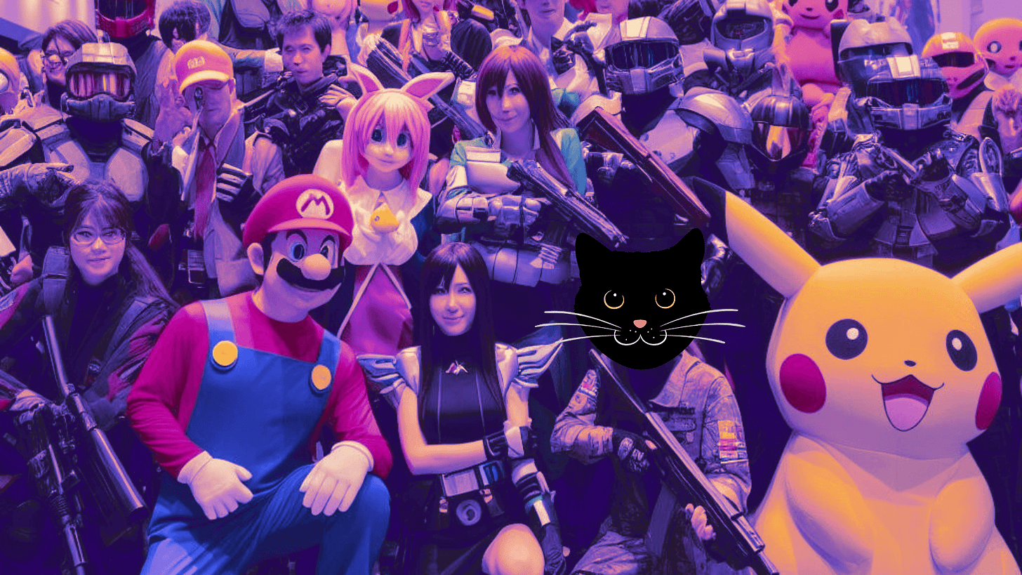 Image of video game characters and a cat face