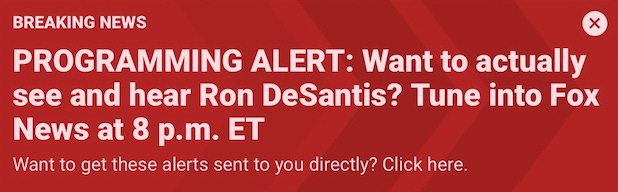 A screenshot from the Fox News homepage shows a banner promoting the network's interview with Florida Gov. Ron DeSantis.