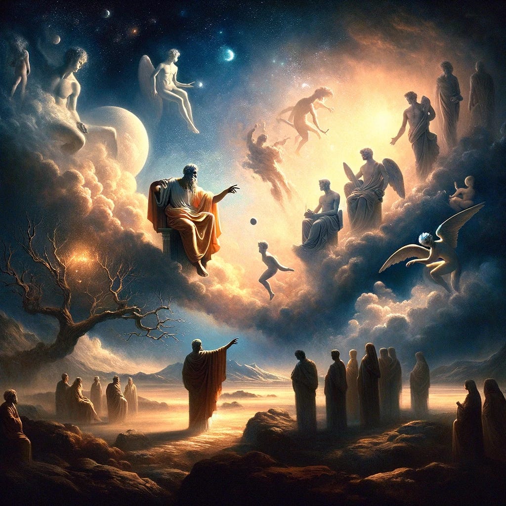 An artistic interpretation of Plato's Theory of Forms. The image should depict a surreal, ethereal landscape representing the realm of Forms. Above, ethereal, perfect versions of various objects (like a chair, a tree, and a horse) float in a sky filled with soft, glowing light. Below, in the earthly realm, imperfect, shadowy versions of these objects are scattered across a dimly lit, rocky landscape. A figure resembling Plato, dressed in classical Greek attire, gestures towards the sky, teaching a group of students who look on in wonder. The style should be mystical and otherworldly, emphasizing the contrast between the perfect and the imperfect worlds.