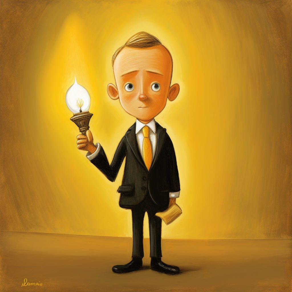 a cartoon rendition of a man in a suit holding a lightbulb in his arms like it is a baby. The lightbulb is wrapped in a blanket as if it is a baby. Use the style of Ludwig Bemelmans