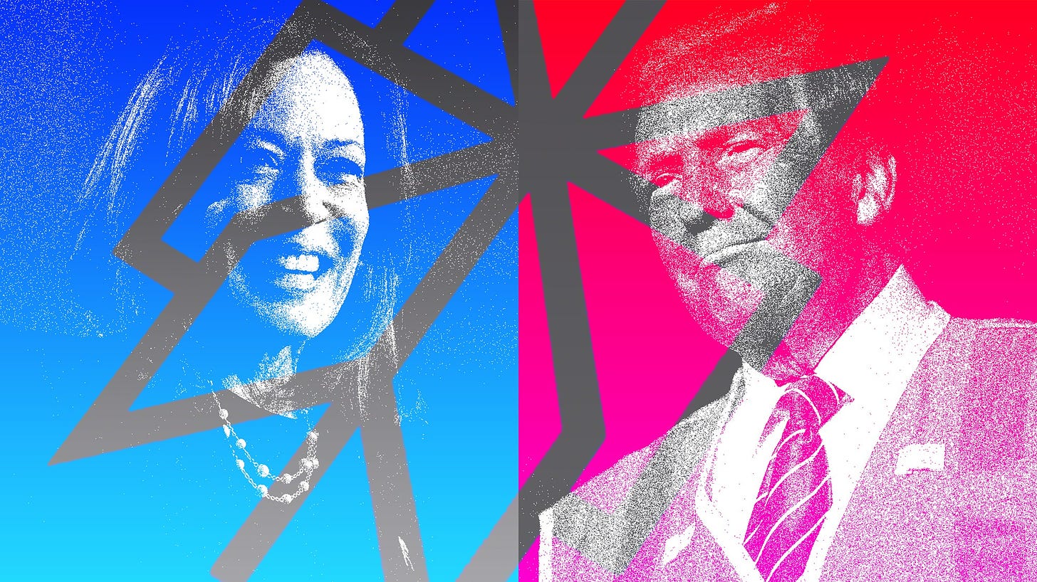 A photo illustration of Vice President Kamala Harris juxtaposed next to former President Donald Trump with the...