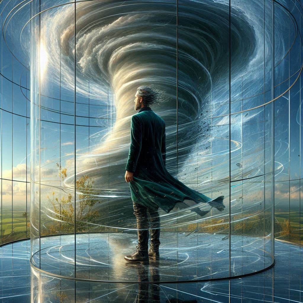 phylotaxis inside glass structure; tiltshift /Broken into fragments/ pieces/ 8d angle glass embedded /  handsome middle aged man/ velvet bluegreen long coat/ black leather boots.water in resin/ ; at Monks mound at Cahokia / amber cream,Getting sucked into tornado / reverberating waves. black hole in floor/ water in resin verdigris/ In the style of Michael Parkes. black etching/ black linework/ black sky 