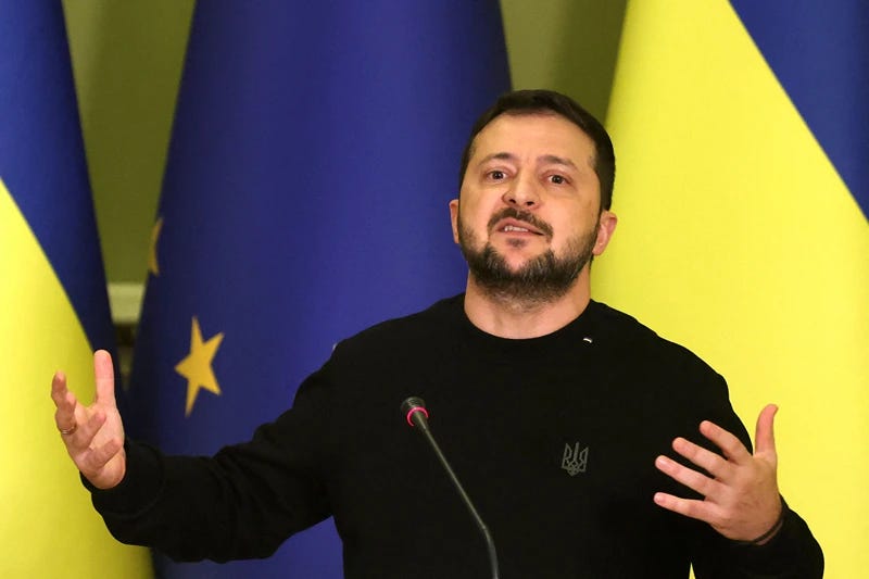 Ukraine's President Volodymyr Zelensky speaks during a joint press conference with European Commission President following their talks in Kyiv on November 4, 2023, amid the Russian invasion of Ukraine. European Commission President arrived in Kyiv to discuss Ukraine's accession to the EU with Ukrainian President. Kyiv applied for EU membership just days after Russia's invasion on February 24, 2022, and received candidacy status several months later in a strong signal of support from Brussels. (Photo by Anatolii STEPANOV / AFP) (Photo by ANATOLII STEPANOV/AFP via Getty Images)
