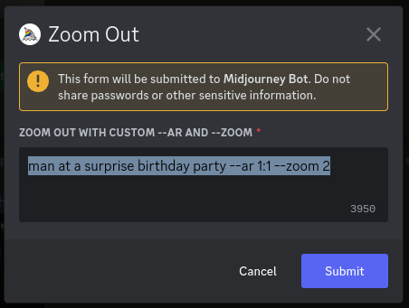 Custom Zoom box in Midjourney, asking for a man at a surprie birthday party