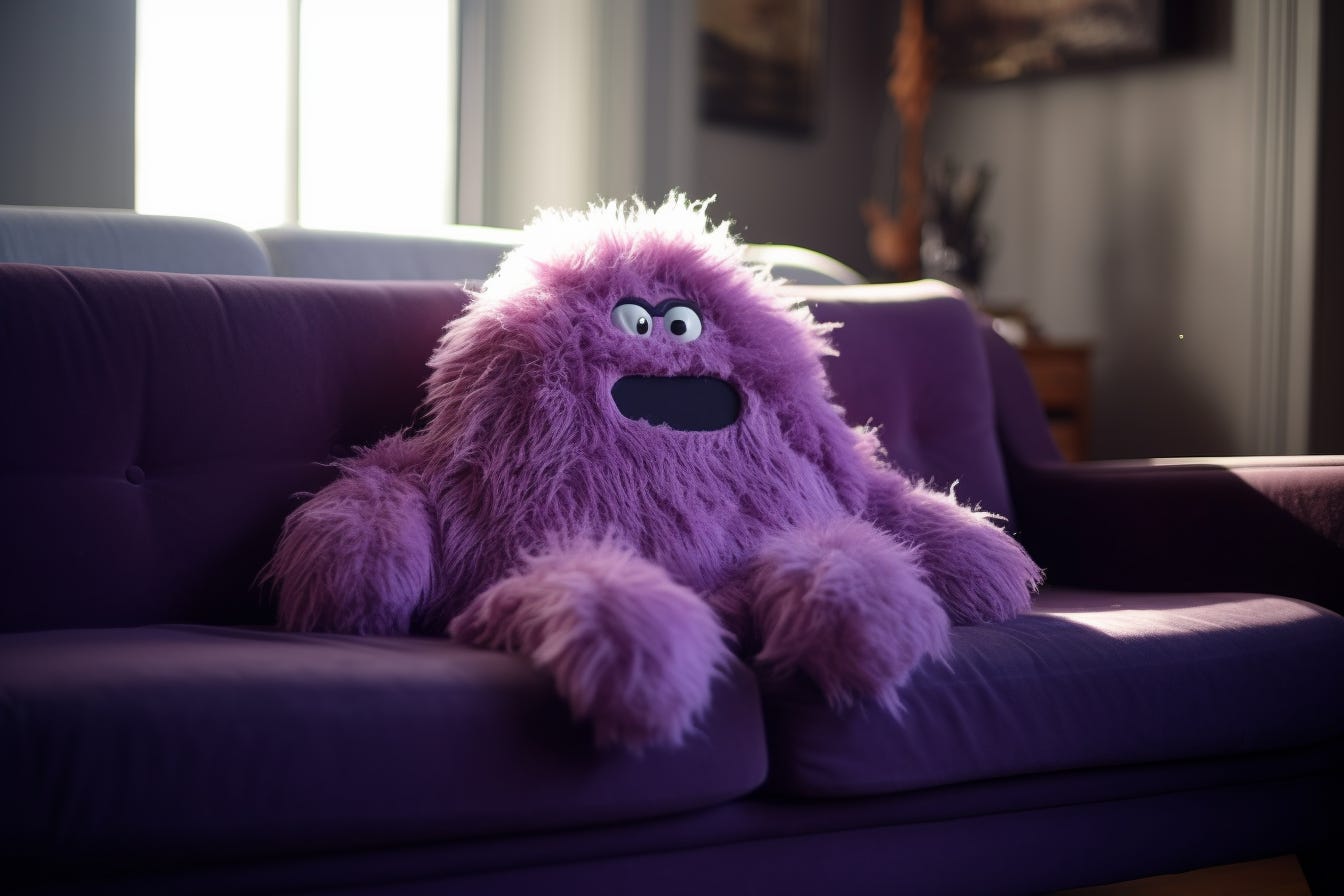 An AI-generated picture of an empty fuzzy monster costume on a couch, with crisp backlighting.