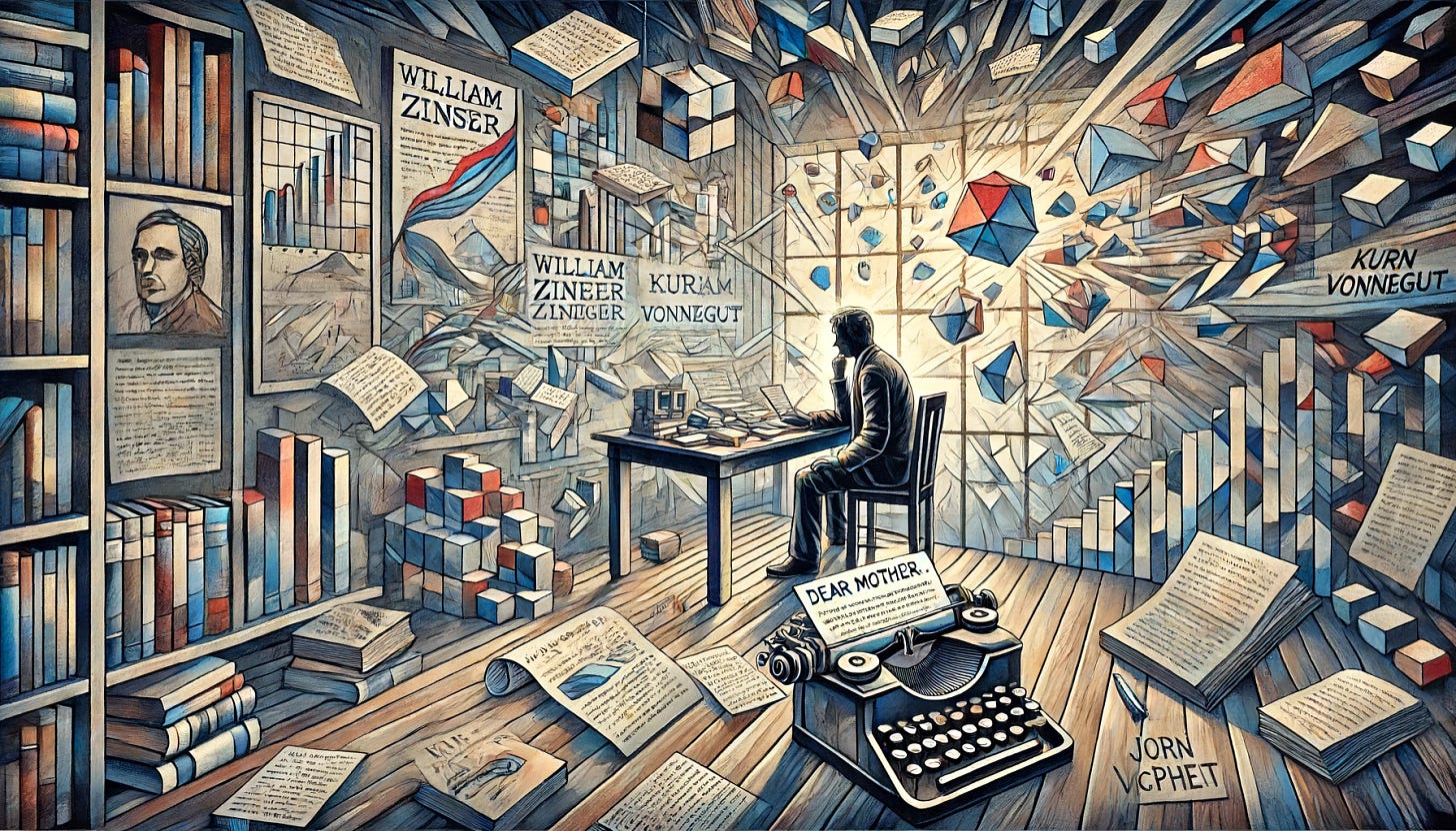 A cubist style representation of a writer in a room filled with various inspirations. The writer sits at a desk, surrounded by fragmented and geometric floating papers and books, some marked with quotes from William Zinser, Kurt Vonnegut, and John McPhee. In the background, a window opens to a complex, abstract landscape symbolizing change and transformation. On the desk, a computer screen displays angular data analytics, while a typewriter with a page that reads 'Dear mother…' sits next to it. Ethereal light streams through the window, creating an atmosphere of contemplation and creativity with sharp, distinct lines and shapes.