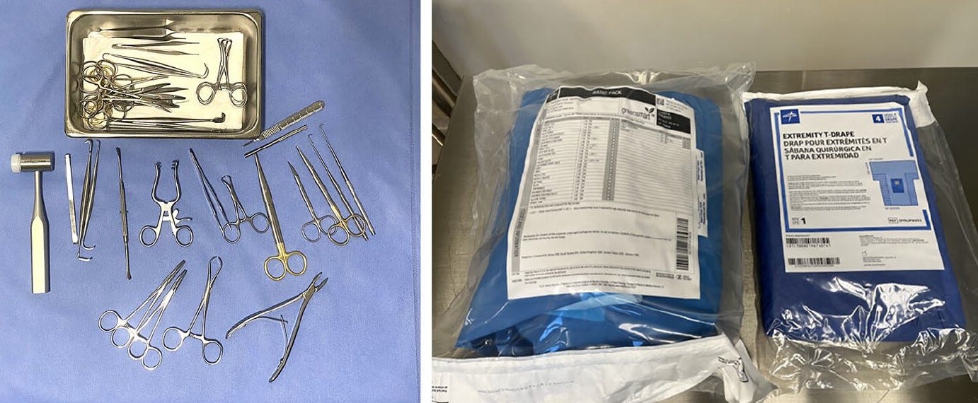 Surgical tools and sealed drape packs.