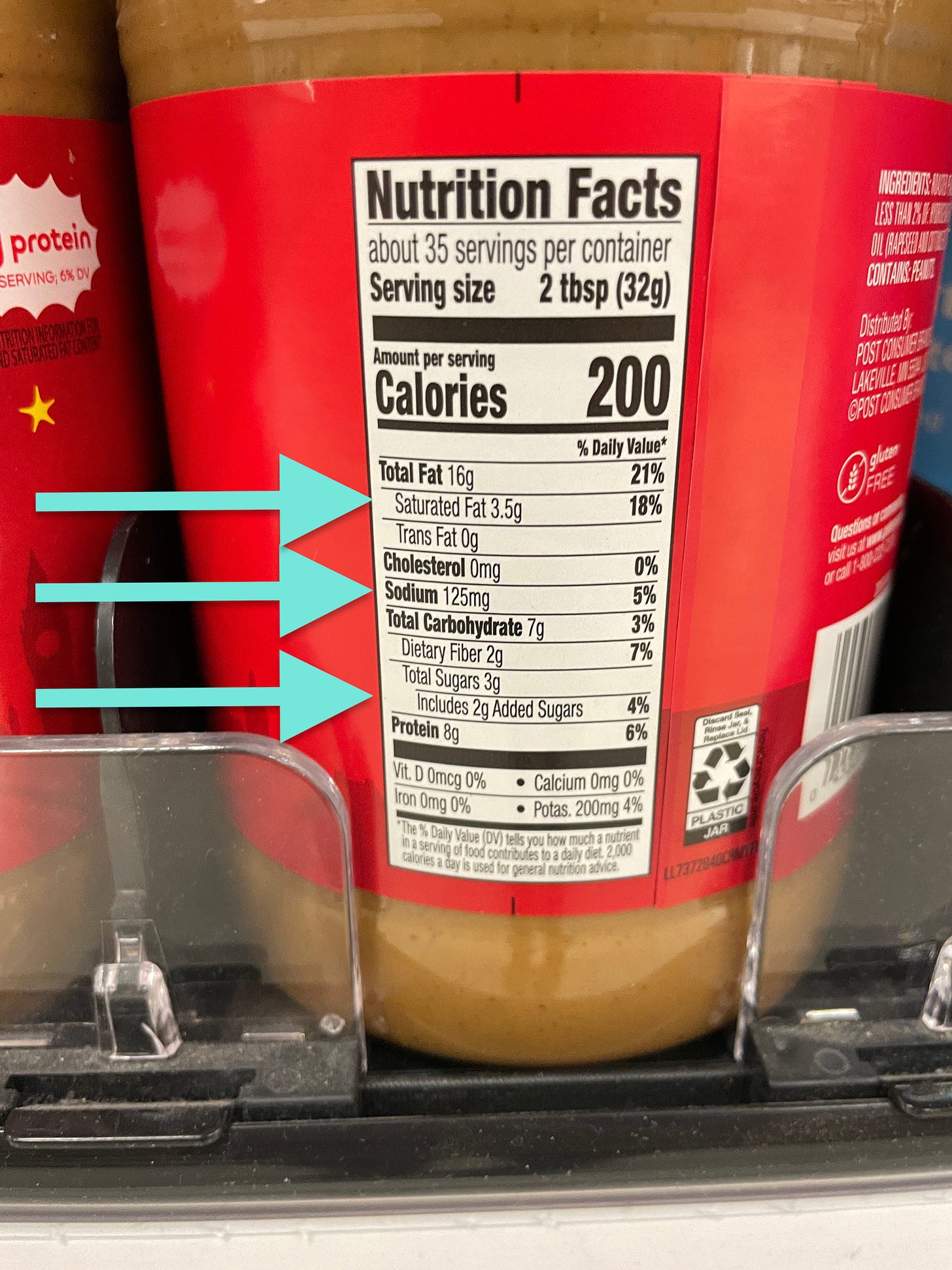 Peanut butter container highlighting sodium, added sugar, and saturated fat