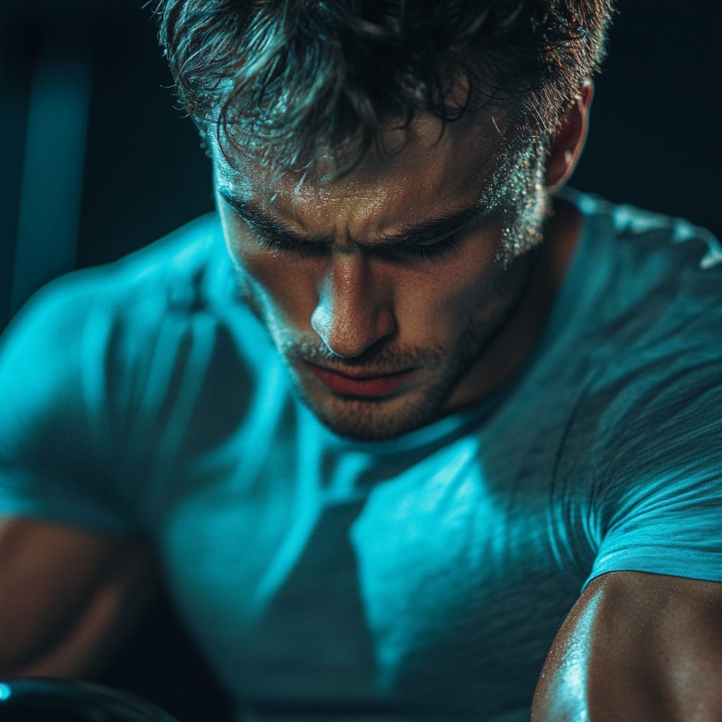 Fit strong male weightlifter psyching up before a lift, wearing a light blue t-shirt close-up.