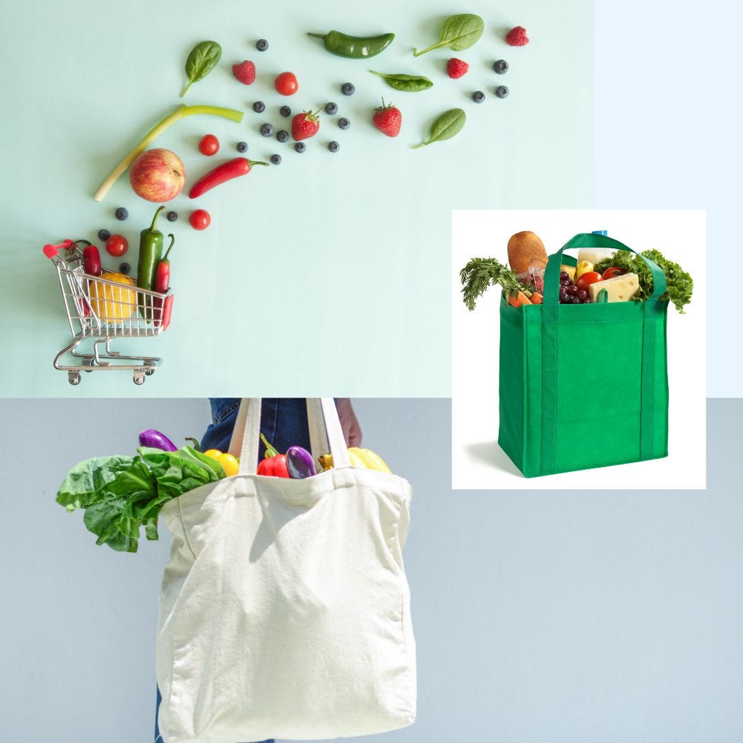 shopping carts and bags with fresh food in them