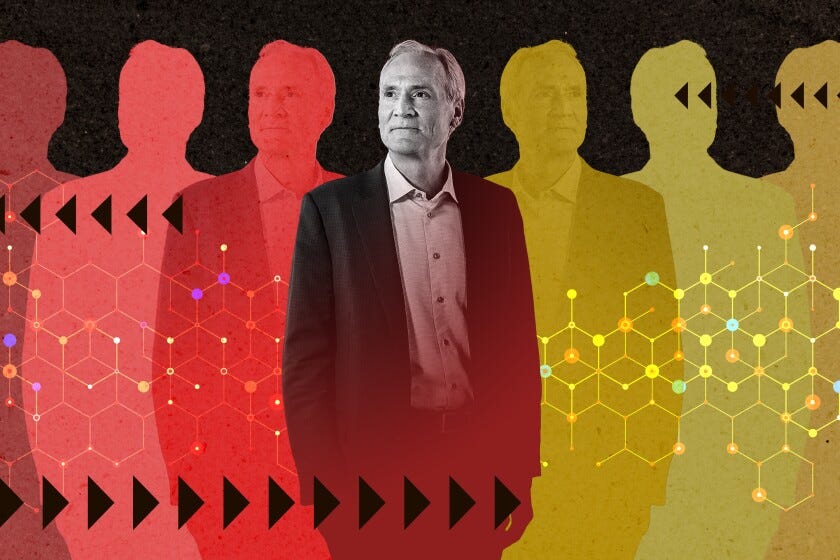 Photo illustration with Stanford president Marc Tessier-Lavigne in the middle, flanked by solid-color silhouettes of the middle image