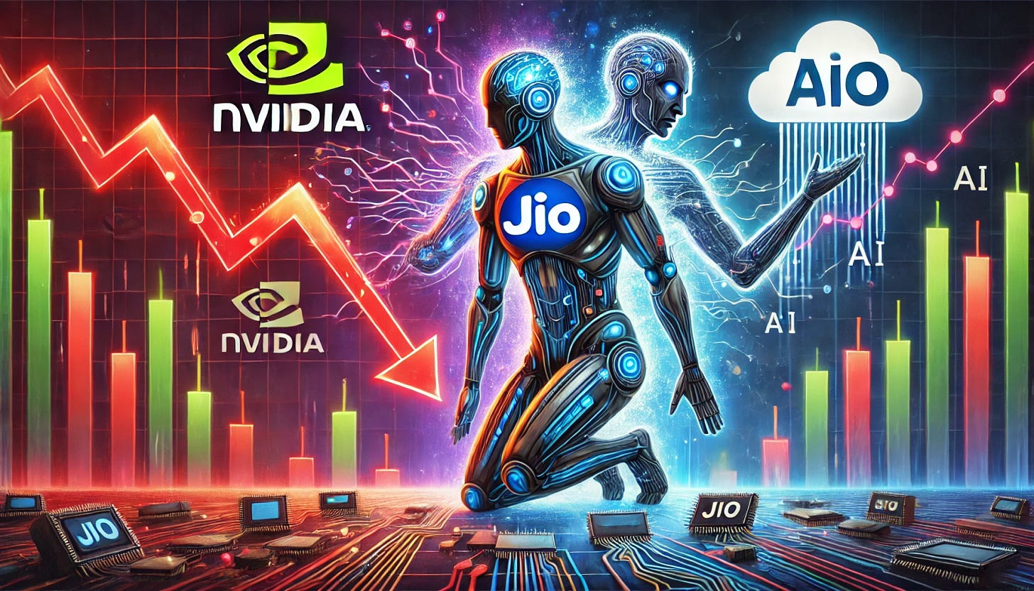 A dynamic illustration showing a stock market chart with tech stocks plummeting, represented by red downward arrows and company logos like Nvidia and Broadcom. In contrast, on the right side, Jio is depicted embracing AI with futuristic digital elements, glowing circuits, and a cloud computing symbol. The scene conveys the contrast between tech stock struggles and Jio’s AI-powered rise.