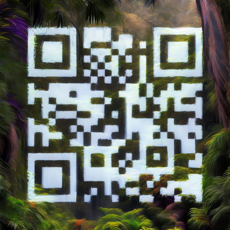 QR Code pointing to https://www.whytryai.com/ with a vibrant forest in the background