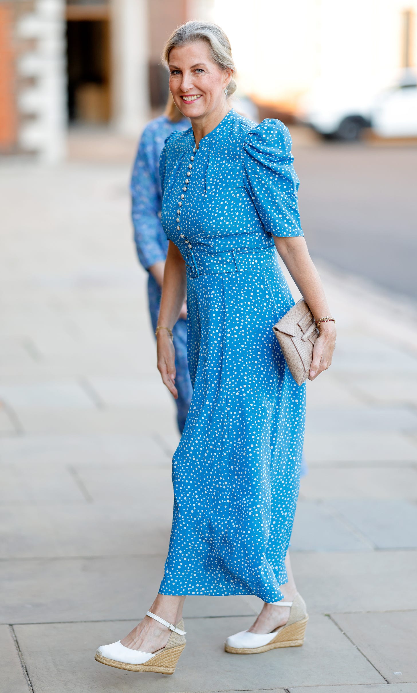 Duchess Sophie wearing blue and white polka dot dress