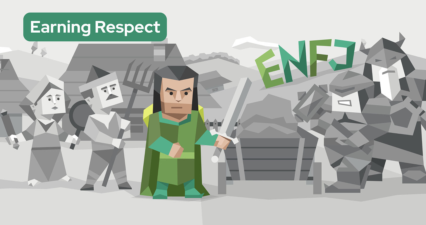 An ENFJ warrior stands confidently in a medieval village. He is clad in a green robe and wielding a sword as he faces off against grayscale armored opponents. Behind him are two grayscale villagers looking concerned and armed with makeshift weapons. To the right, the letters “ENFJ” are prominently displayed in green.