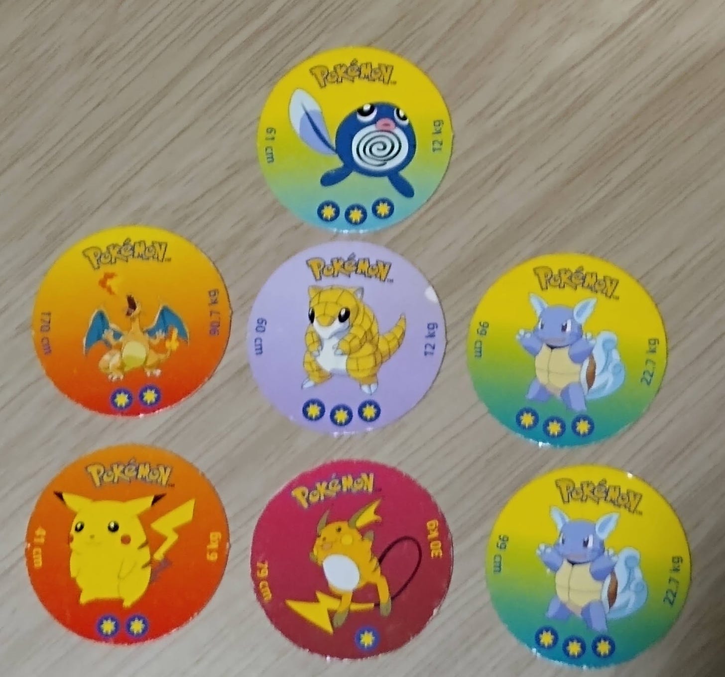 Battle Discs, cardboard discs similar to "Pogs" featureing Poliwag, Charizard, Sandshrew, Pikachu, Raichu, and two Wartortles