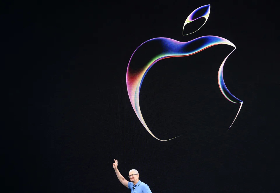 Apple CEO Tim Cook speaks during Apple's Worldwide Developers Conference (WWDC) at the Apple Park campus in Cupertino, California, on June 5, 2023. Apple on Monday is expected to show off pricy mixed-reality headgear at its annual Worldwide Developers Conference, challenging Facebook-owner Meta in a market that has yet to sizzle. (Photo by Josh Edelson / AFP) (Photo by JOSH EDELSON/AFP via Getty Images)