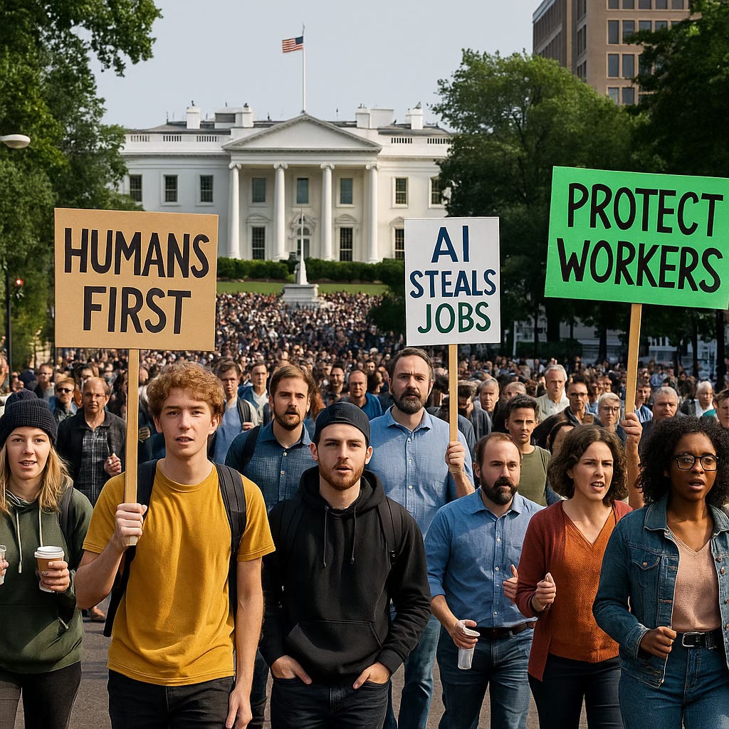 AI-generated scene of protesters outside the White House holding signs that read “Humans First,” “AI Steals Jobs,” and “Protect Workers.”