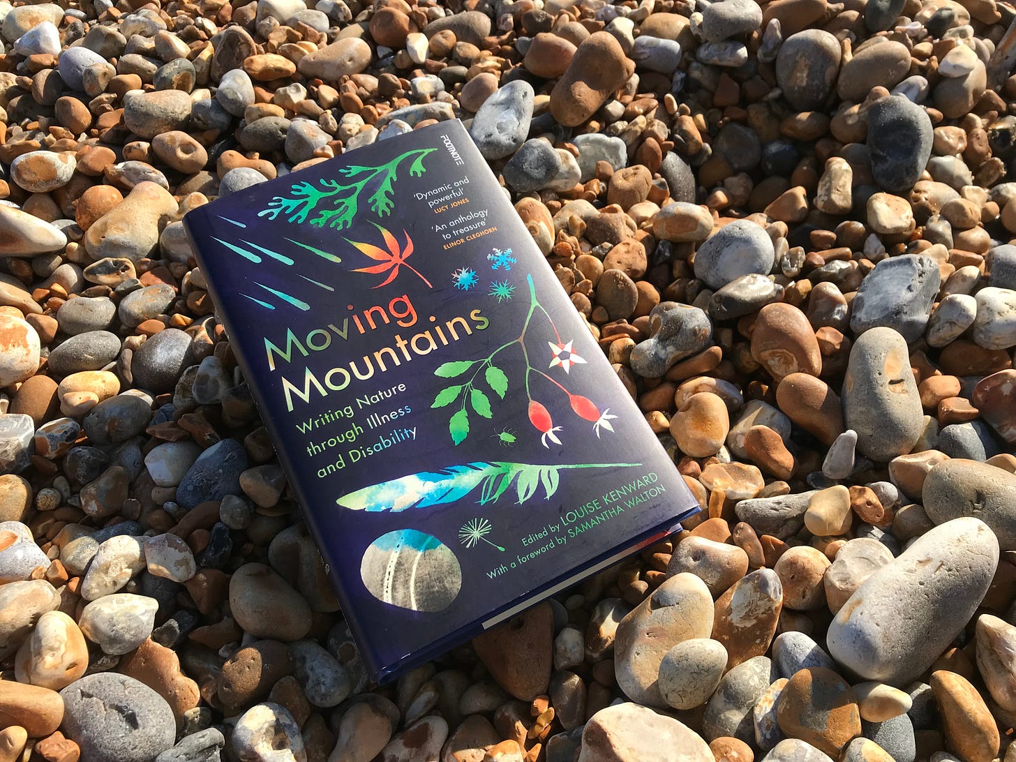 photos of Moving Mountains book in different backgrounds, with shingle beach, sand, and an attempt to recreate the cover wit feathers and seaweed found.