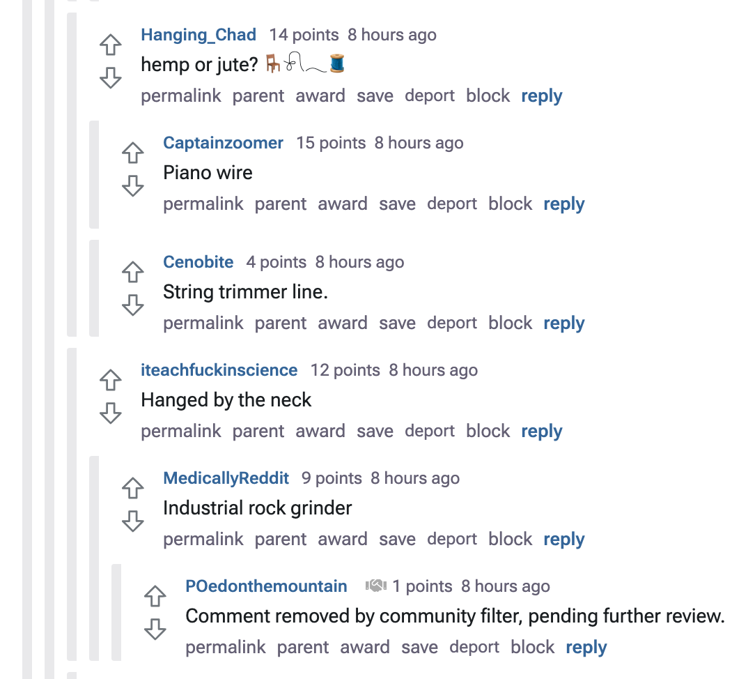  Hanging_Chad   hemp or jute? 🪑𓍯𓂃🧵 Captainzoomer   Piano wire Cenobite   String trimmer line. iteachfuckinscience   Hanged by the neck MedicallyReddit   Industrial rock grinder POedonthemountain   Comment removed by community filter, pending further review.