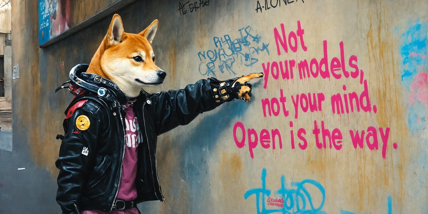 A humanoid Shiba Inu wearing a leather jacket points to a wall on which is written “Not your models, not your mind. Open is the way.”