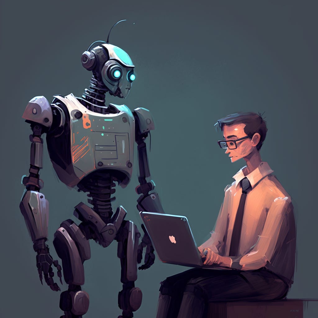 midjourney generated image, prompt: "a robot giving advice to a programmer, digital art"