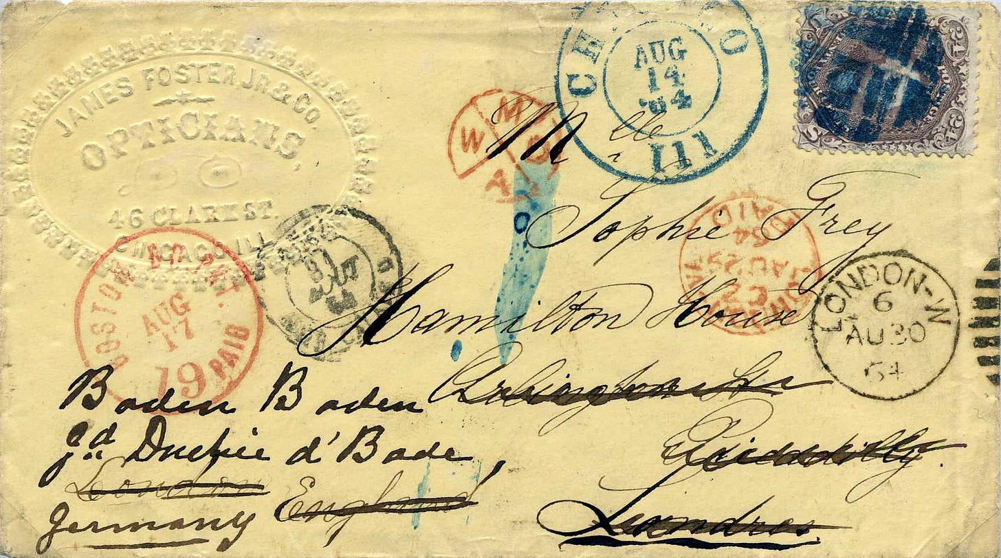 1864 envelope from Chicago to London and forwarded to Baden (Germany)