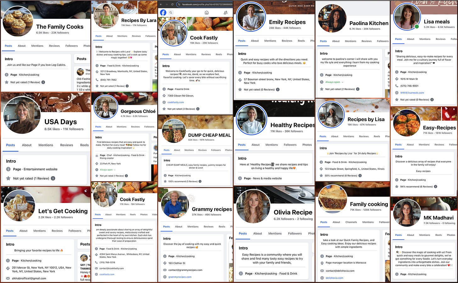 collage of the profiles of 18 Facebook "chef" pages that post AI-generated images of food