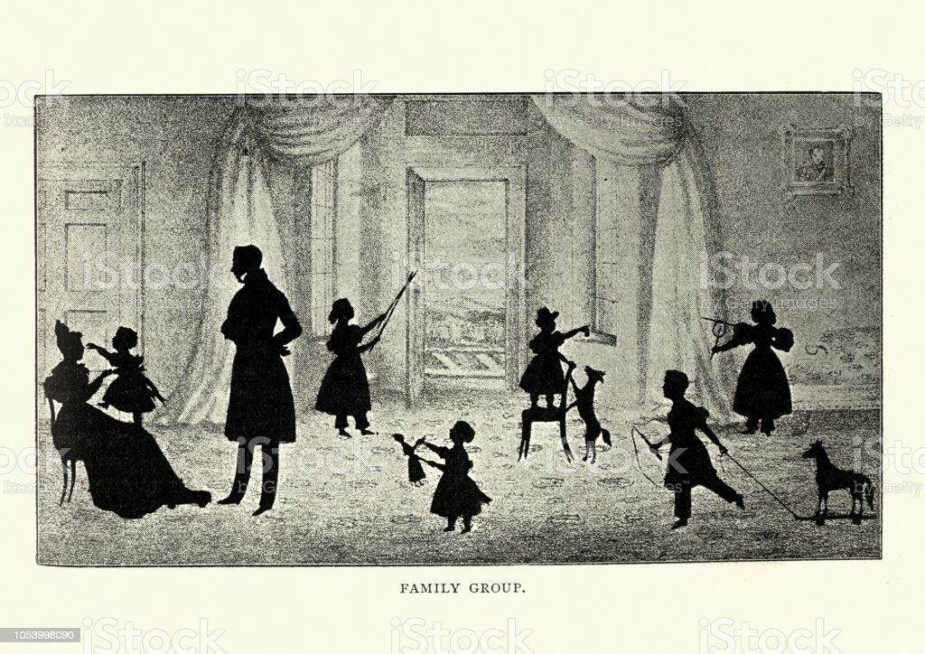 Silhouette Portrait Of Victorian Family Group Parents Playing Children Stock Illustration ...